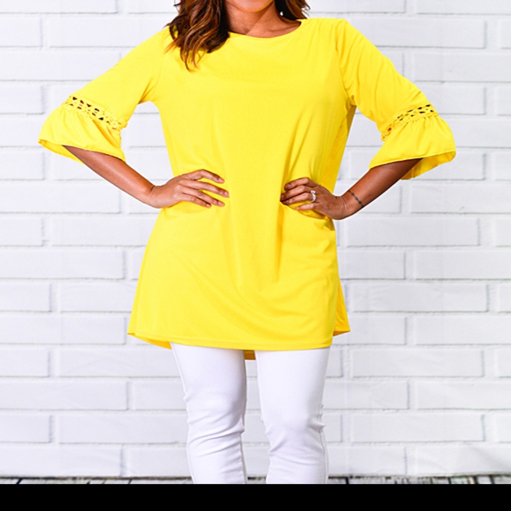 Yellow Eyelet Top with Ruffle 3/4 Sleeve